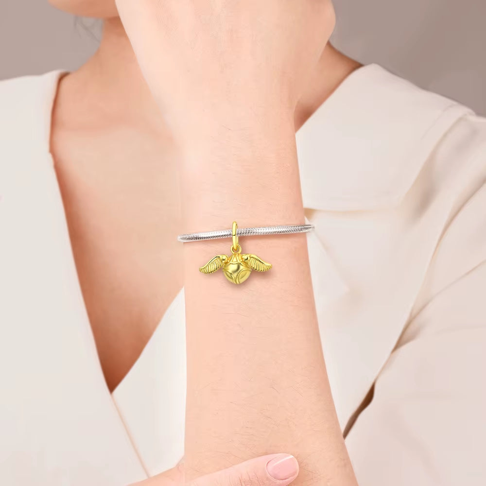 Hot Sale Charms Bead 925 Sterling Silver Movable Golden Gngel Wings Dangle Fit Original Bangle Bracelet Necklace DIY Jewelry