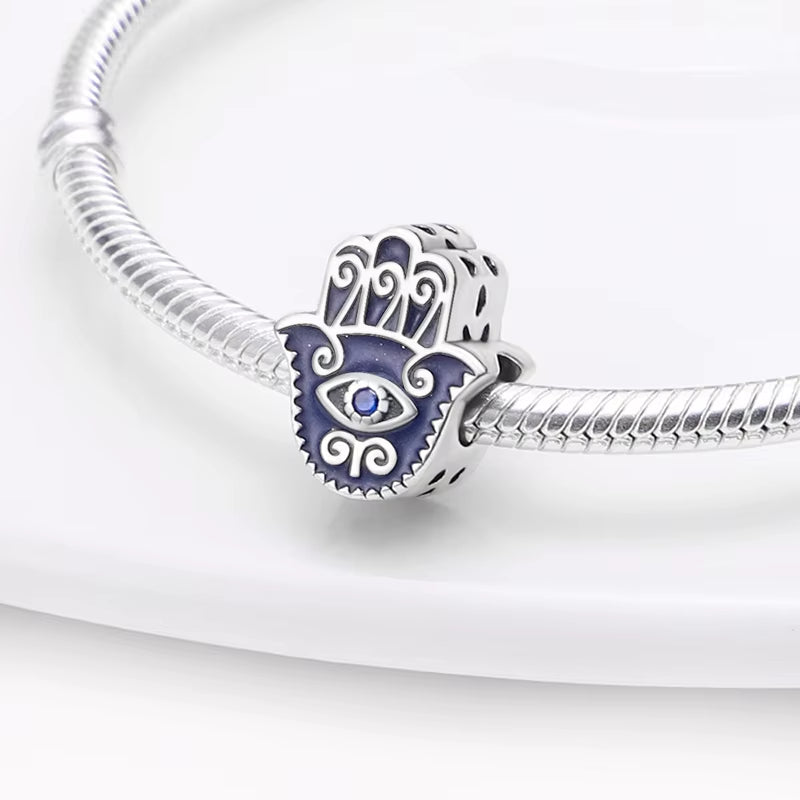 2025 Hot Sale Charms Bead 925 Sterling Silver Elegant Blue Palm Evil Eye Dangle Fit Bangle Bracelet Necklace DIY Jewelry